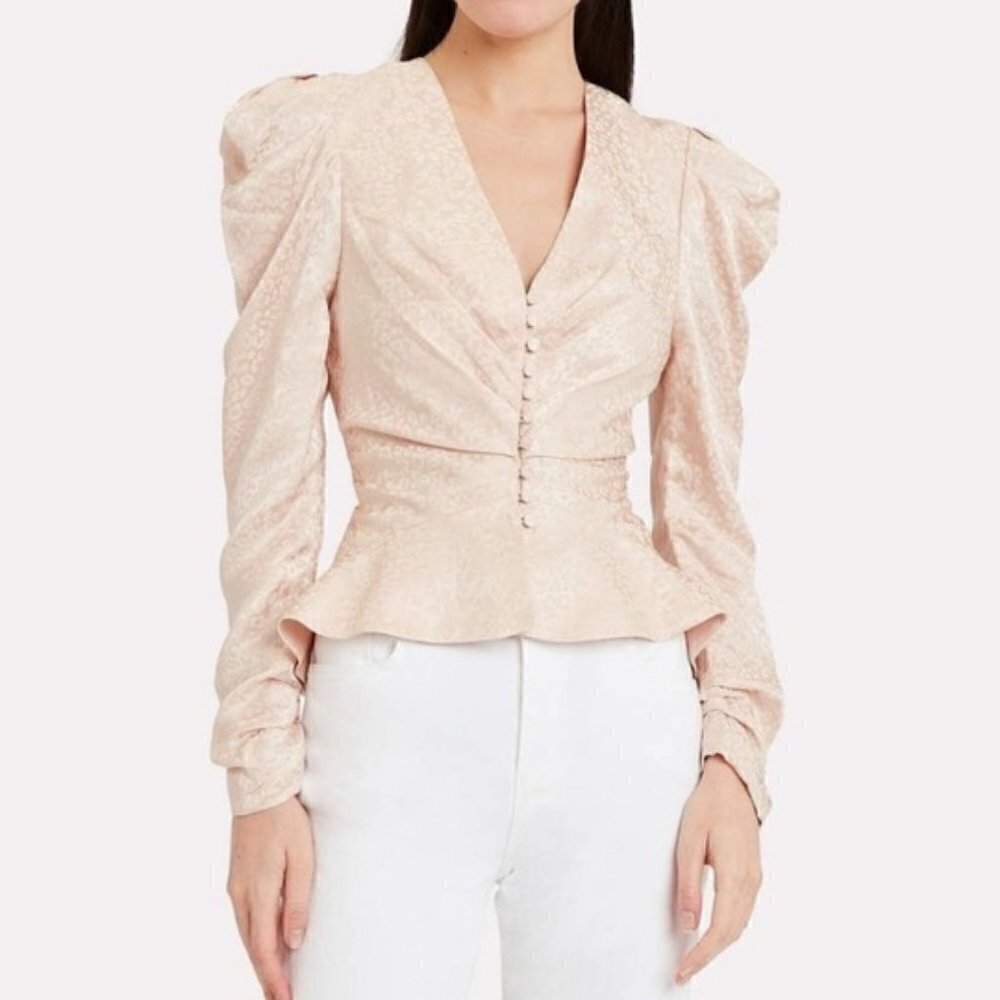 Jonathan Simkhai Leopard Satin Ruched Blouse Top size 2 puff sleeve feminine NWT